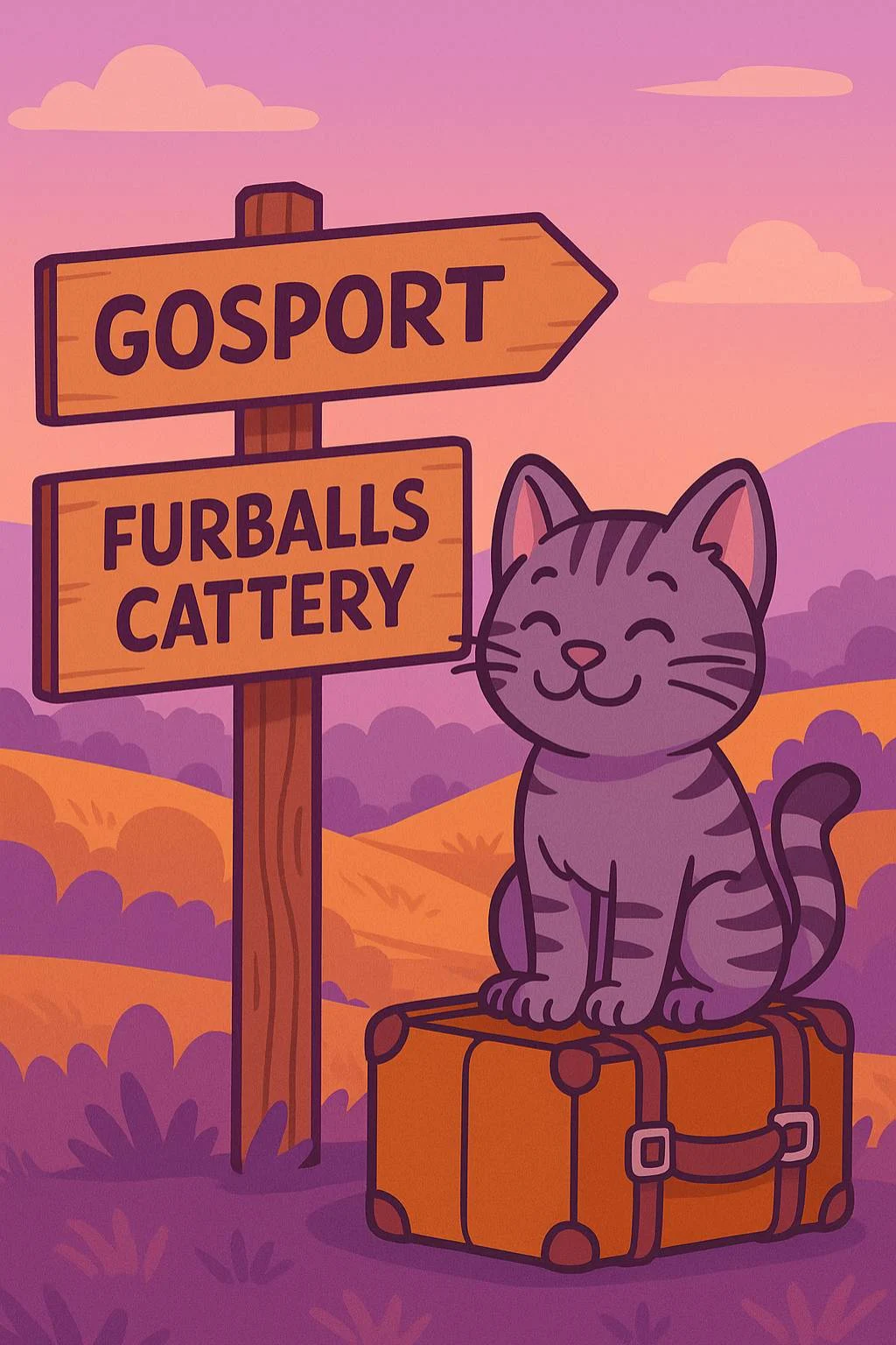 Cartoon illustration of a grey tabby cat sitting on a suitcase beside wooden signposts for Gosport and Furballs Cattery, set in a purple countryside landscape, representing 5-star cat boarding near Gosport, Hampshire.
