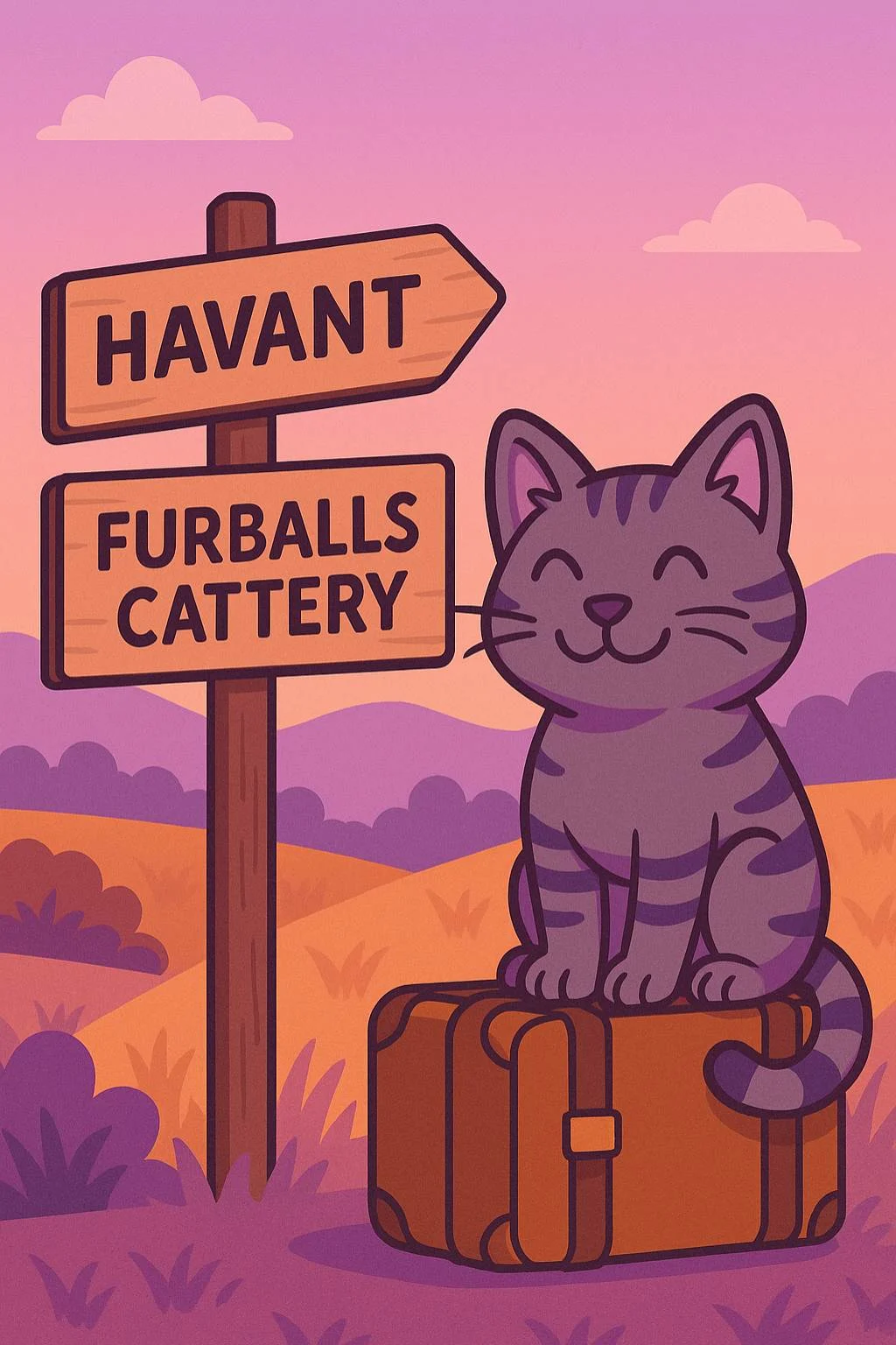Cartoon cat on suitcase beside signposts for Havant and Furballs Cattery, set in a purple countryside scene, promoting cat boarding near Havant.