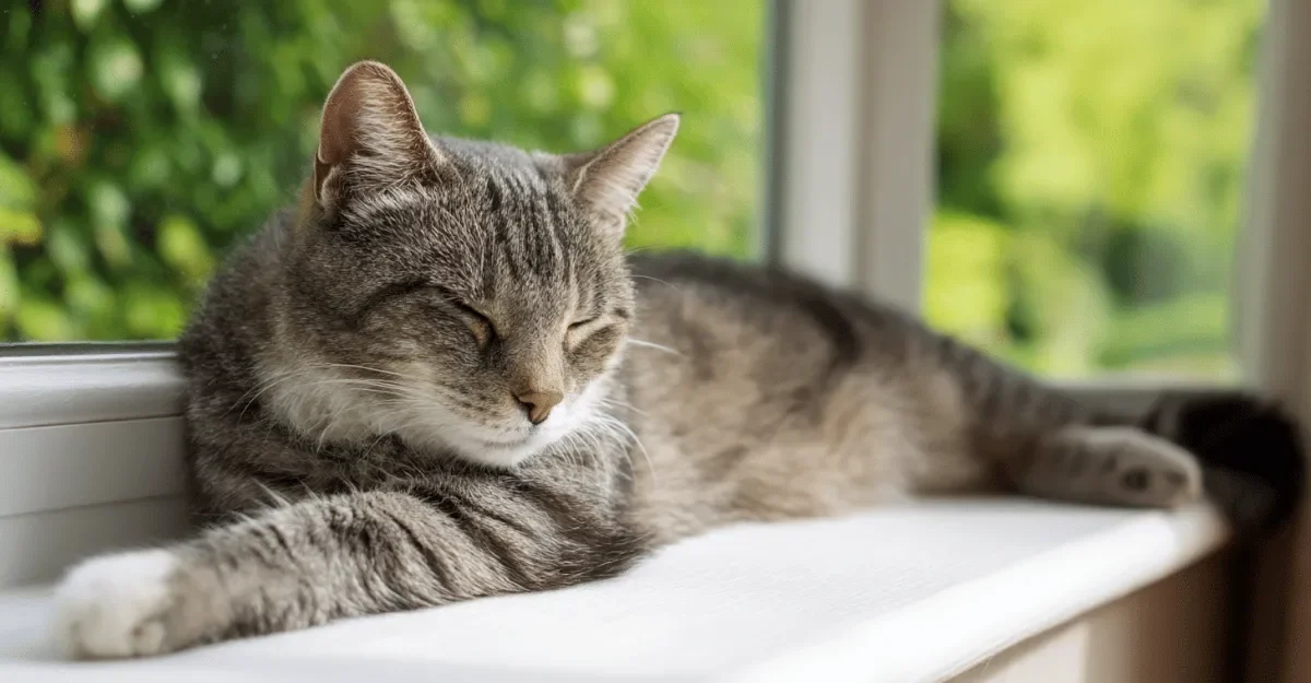 Tabby cat peacefully sleeping on a sunny windowsill with greenery outside — symbolising health and calm after neutering.