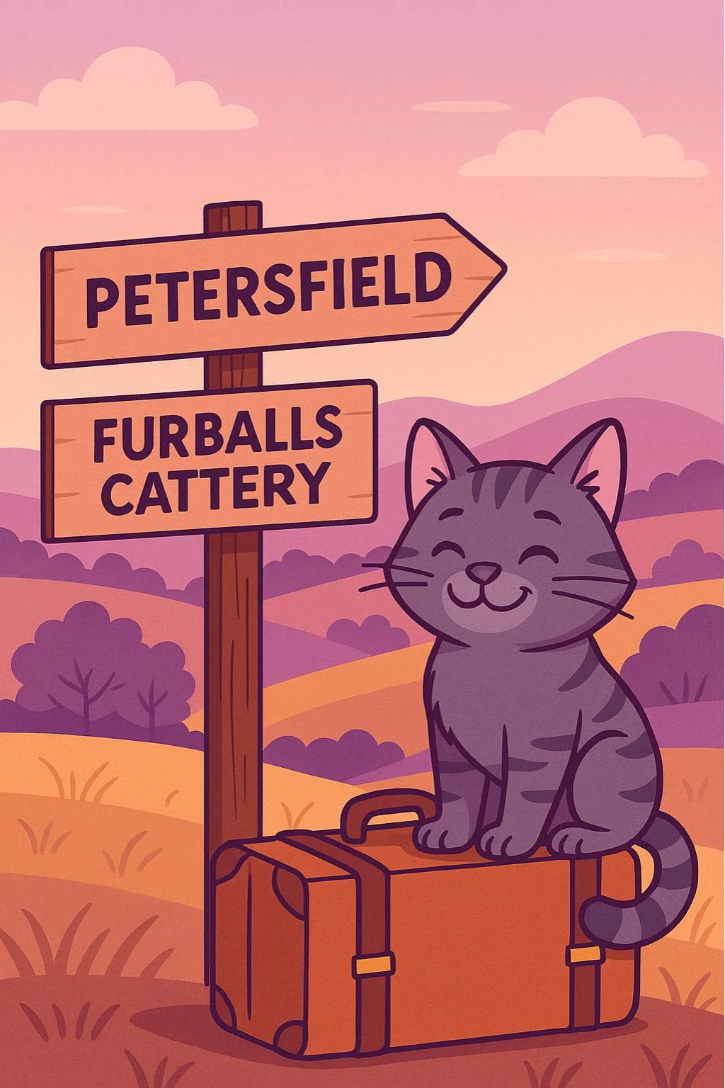 artoon illustration of a smiling grey tabby cat sitting on a suitcase in the countryside, beside wooden signposts pointing to Petersfield and Furballs Cattery, with rolling hills and a soft pastel sky in the background.