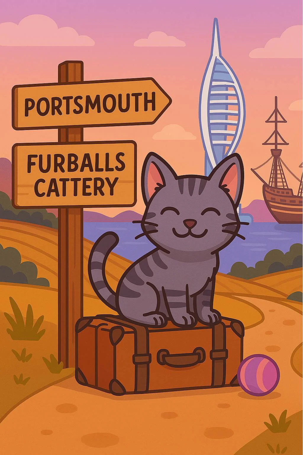 Cartoon illustration of a grey tabby cat on a suitcase beside signposts for Portsmouth and Furballs Cattery, with the Spinnaker Tower and HMS Victory in the background, representing trusted cattery care near Portsmouth, Hampshire.