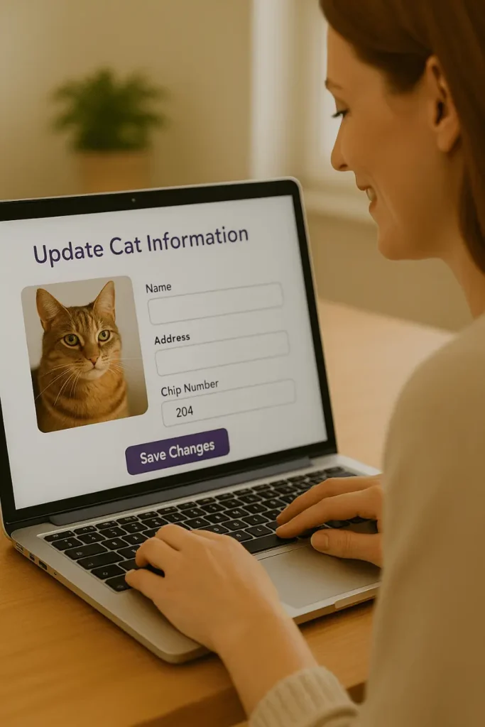 Woman smiling while updating her cat’s microchip details on a laptop, showing a pet database screen with fields for name, address, and chip number, in a warm home setting.