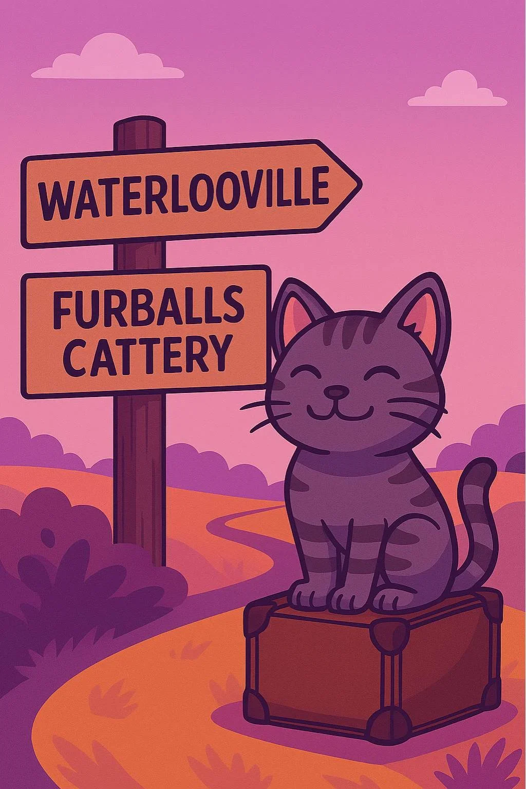 Cartoon illustration of a grey tabby cat sitting on a suitcase beside signposts for Waterlooville and Furballs Cattery, set in a purple-toned countryside landscape, representing cat boarding near Waterlooville, Hampshire.