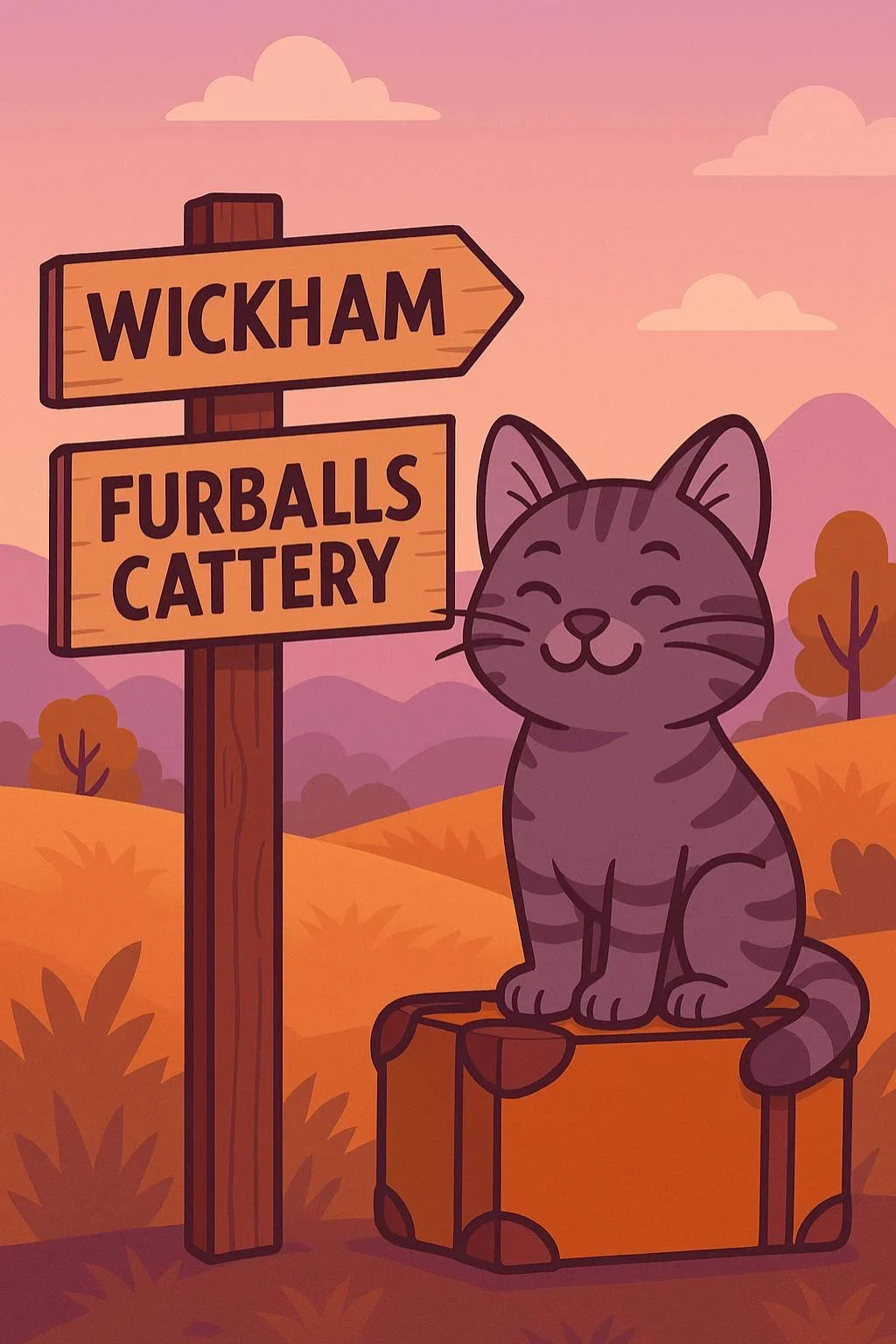 Cartoon-style illustration of a grey tabby cat sitting on a suitcase beside wooden signposts for Wickham and Furballs Cattery, with a countryside backdrop, representing trusted cat boarding near Wickham, Hampshire.