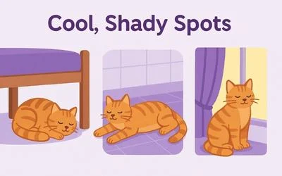 Illustration of three ginger tabby cats resting in cool, shady indoor spots — under a bed, on a tiled bathroom floor, and behind a curtain — with a soft lavender background.