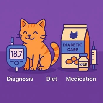Illustration of an orange tabby cat sitting happily beside a glucose meter, a bag of diabetic care food, an insulin vial, and a syringe, on a purple background with labels for Diagnosis, Diet, and Medication.