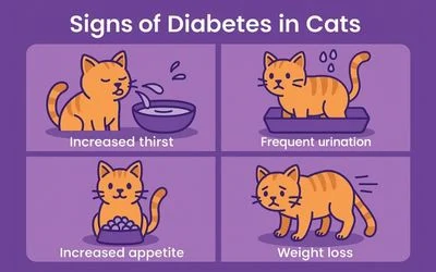 Infographic showing the signs of diabetes in cats, with cartoon illustrations of an orange tabby cat: drinking water (increased thirst), sitting in a litter tray (frequent urination), eating from a food bowl (increased appetite), and looking thin and sad (weight loss), on a purple background.